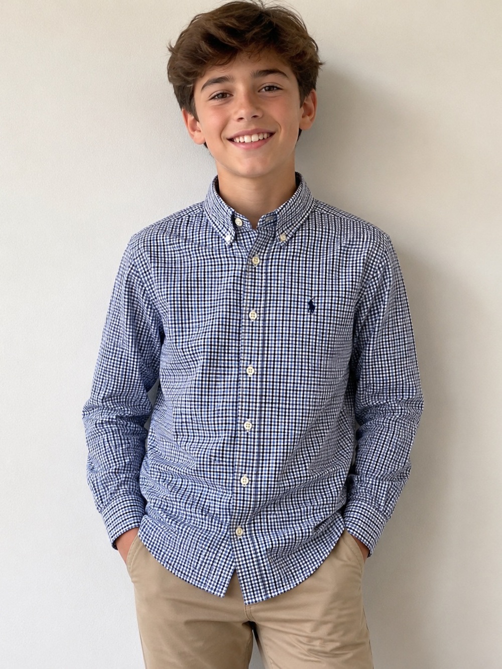 Ralph Lauren Boys Blue White Gingham Plaid Button Down Shirt M 10-12